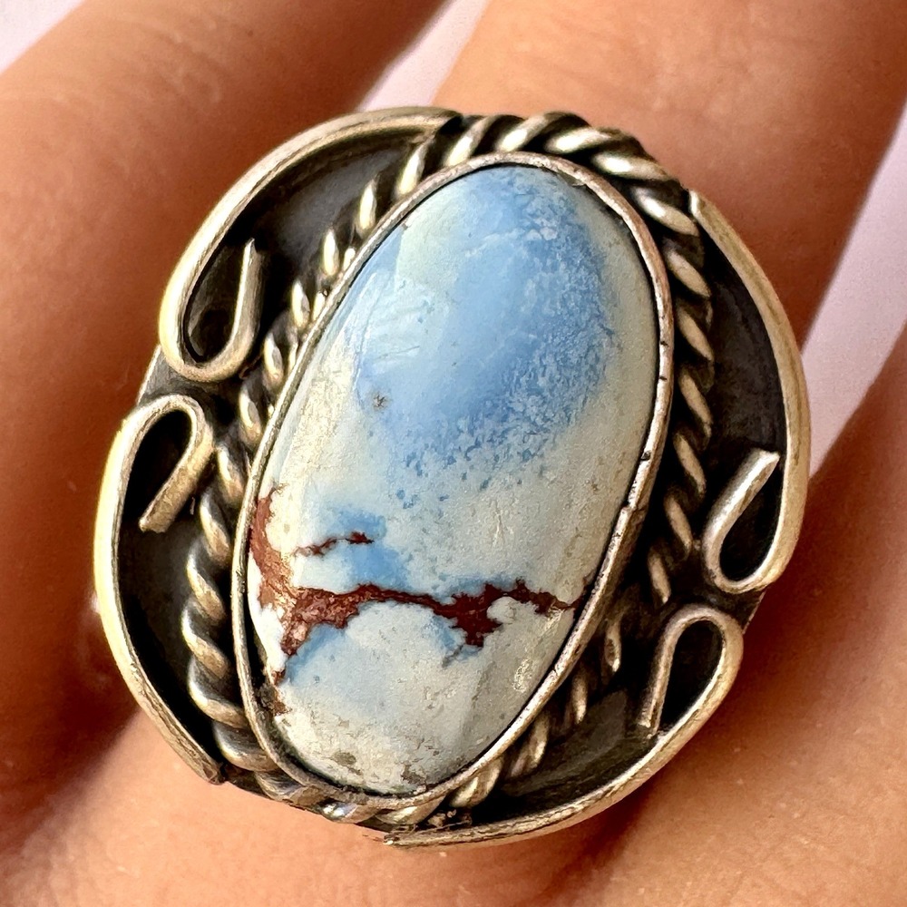 Navajo Blue Golden Hills Turquoise Ring Sz 9 Signed G Nez Hand Stamped Band